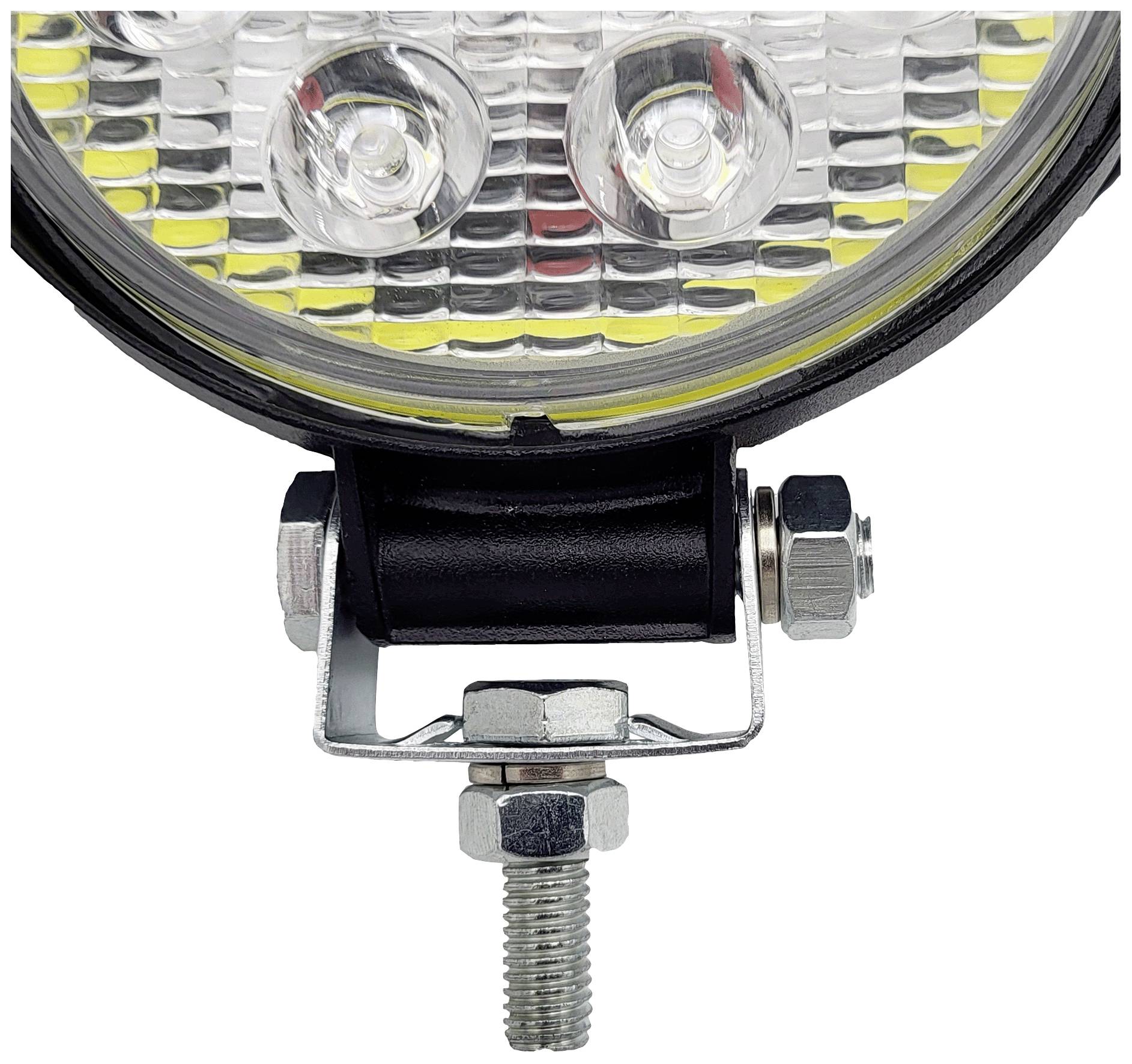 Okrągła lampa LED z trzema widocznymi diodami LED, zamontowana na metalowym uchwycie z gwintem. Idealna do pojazdów lub maszyn.