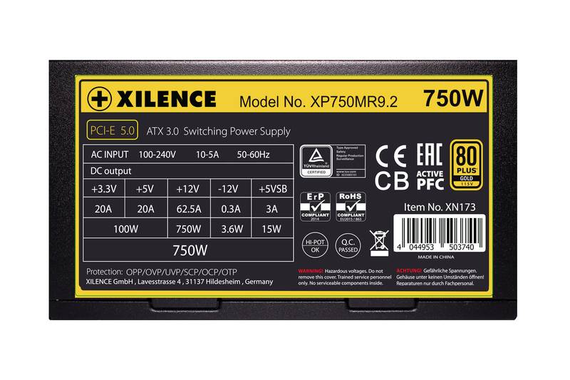 'XILENCE 750W zasilacz komputerowy, model XP750MR9.2. ATX 3.0, 100-240V, 10-5A, 50-60Hz. Wyjścia DC: +3,3V, +5V, +12V, -12V, +5VSB. Certyfikacja 80 Plus Gold.'