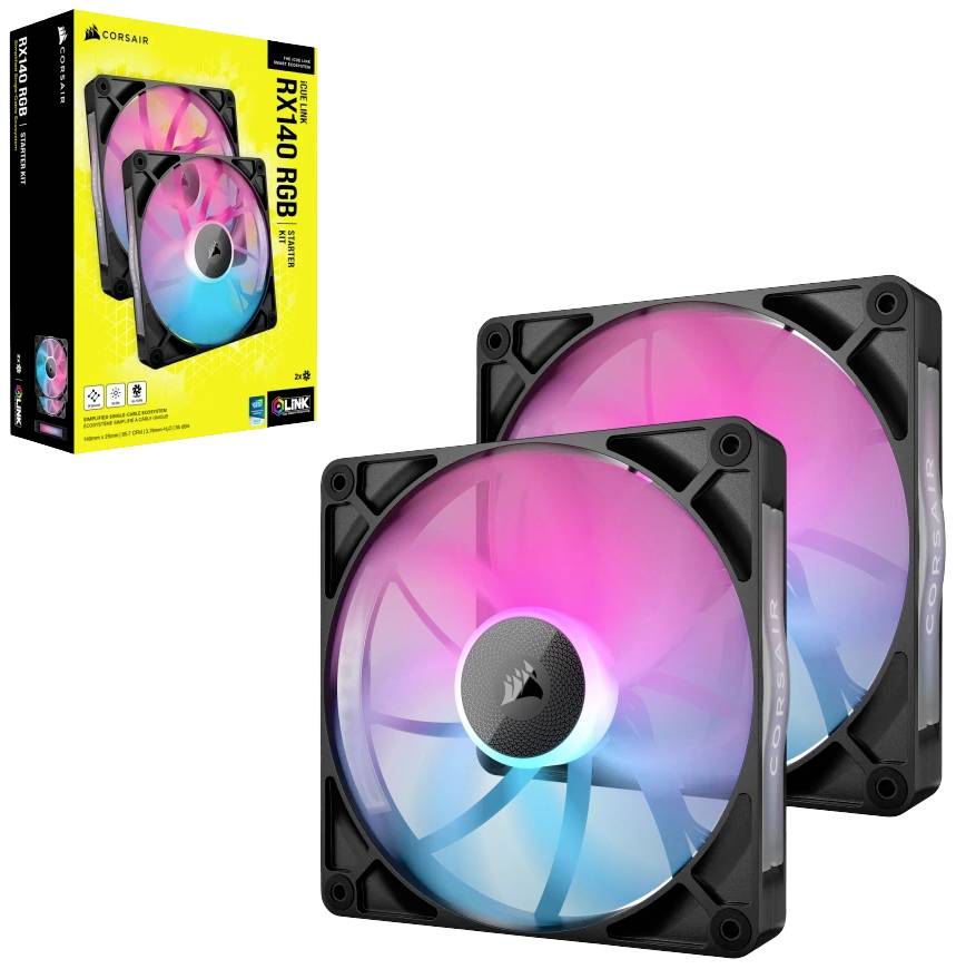 Dwa wentylatory Corsair RX140 RGB z kolorowymi diodami LED; w tle opakowanie produktu przedstawiające te same wentylatory.