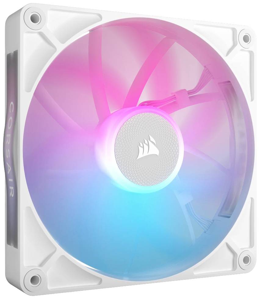 Wentylator komputerowy z białą ramką, prezentujący kolorowe podświetlenie LED w kolorach różowym i niebieskim. Logo marki na środku wentylatora.