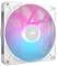 Wentylator komputerowy z białą ramką, prezentujący kolorowe podświetlenie LED w kolorach różowym i niebieskim. Logo marki na środku wentylatora.