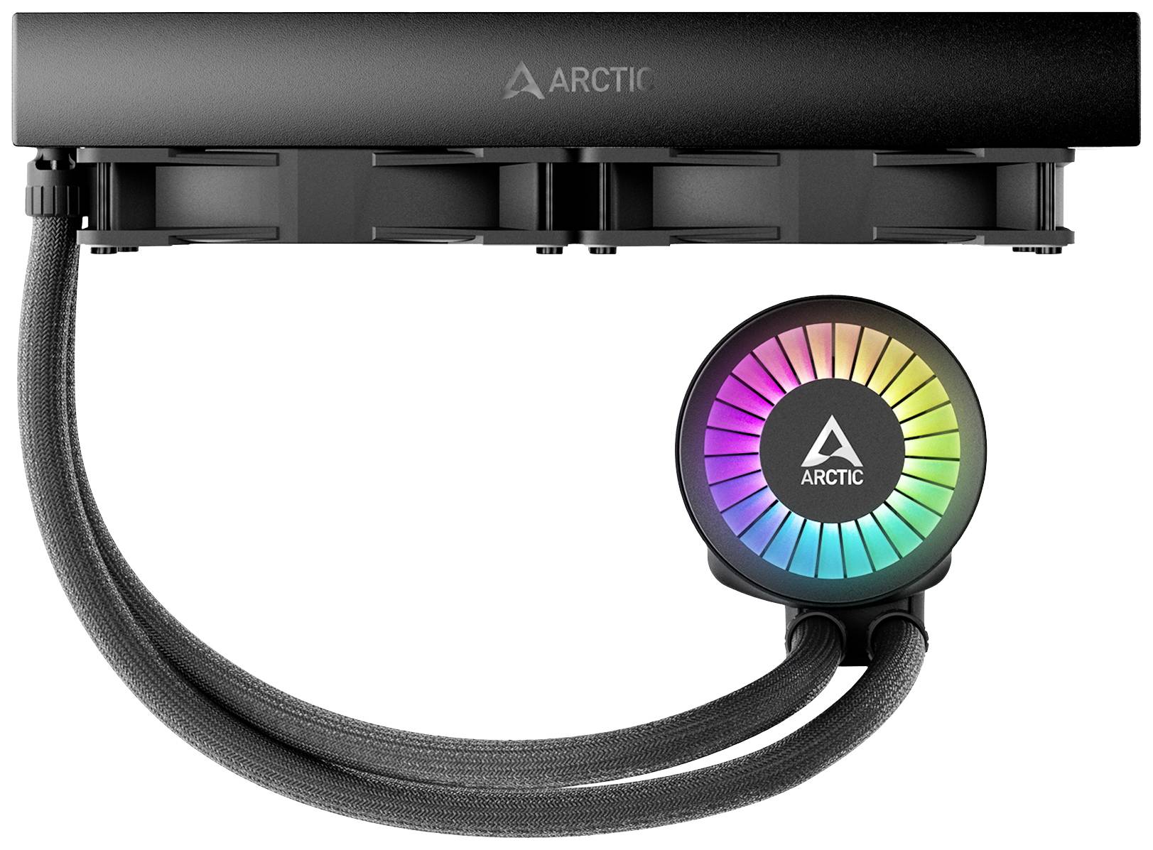 System chłodzenia wodnego z wentylatorem podświetlonym RGB i wężami, oznaczony logo 'Arctic'.