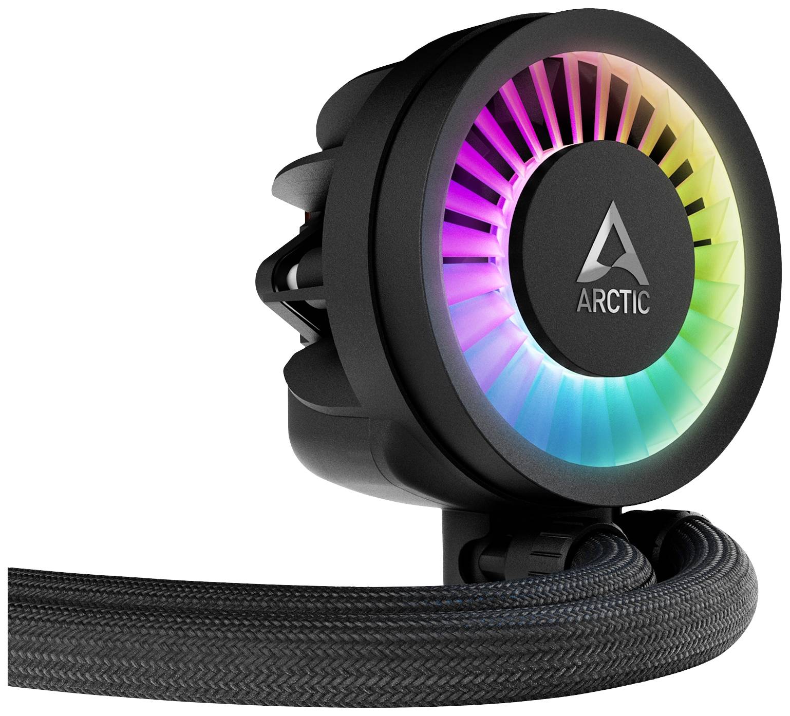 Okrągły, czarny radiator procesora z wbudowanym podświetleniem RGB od Arctic. Kable są widoczne od spodu.