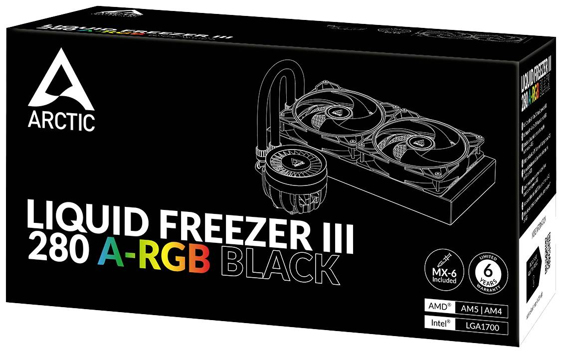 Chłodniejsza obudowa z napisem 'Arctic Liquid Freezer III 280 A-RGB Black'. Pokazuje ilustrację produktu ze specyfikacjami.