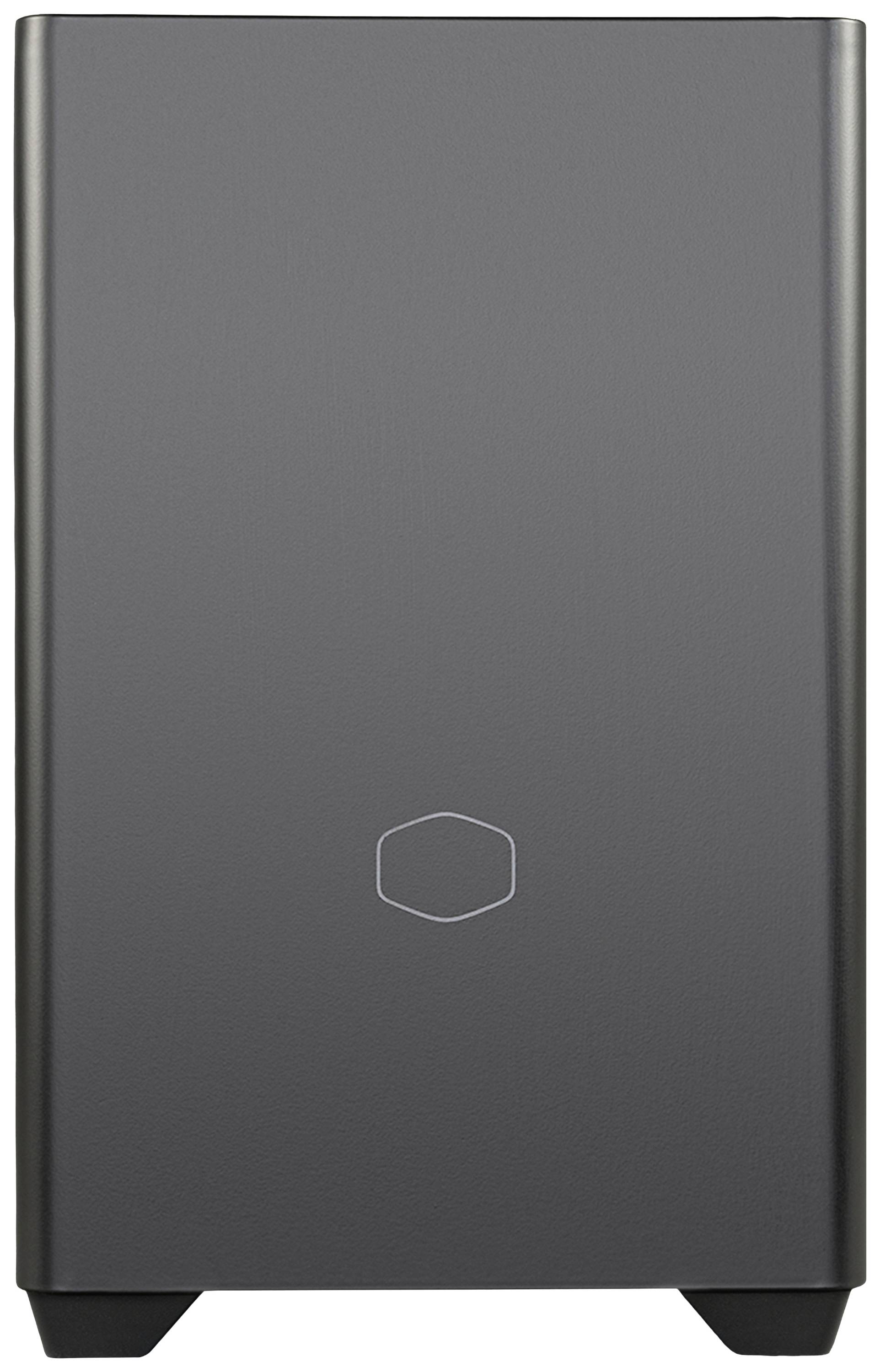 Czarna obudowa komputera widziana z przodu, prosty design z sześciokątnym logo pośrodku.