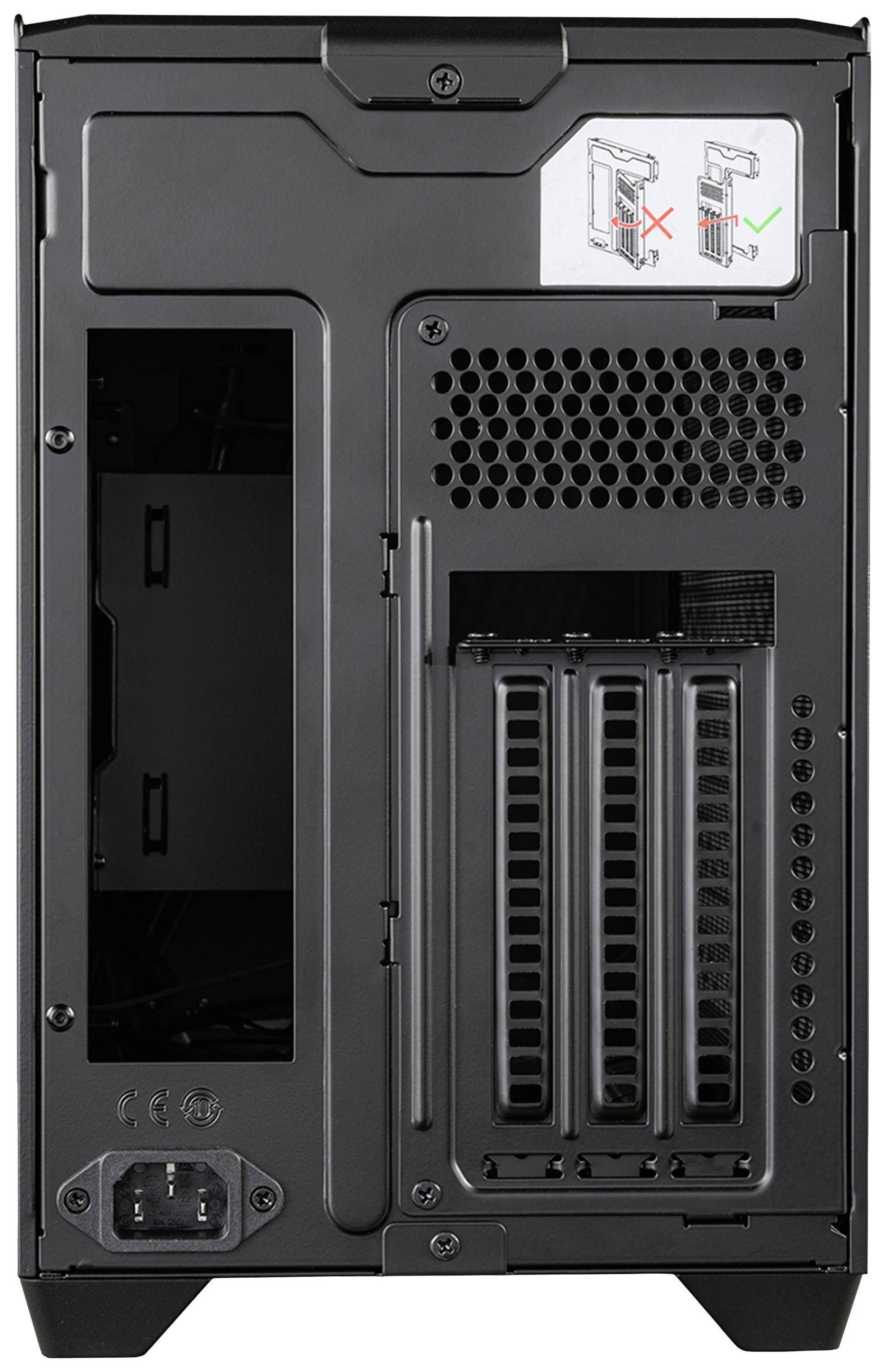 Tył obudowy komputera z gniazdem sieciowym u dołu. Diagram u góry pokazuje, jak prawidłowo wyjmować sloty PCIe.