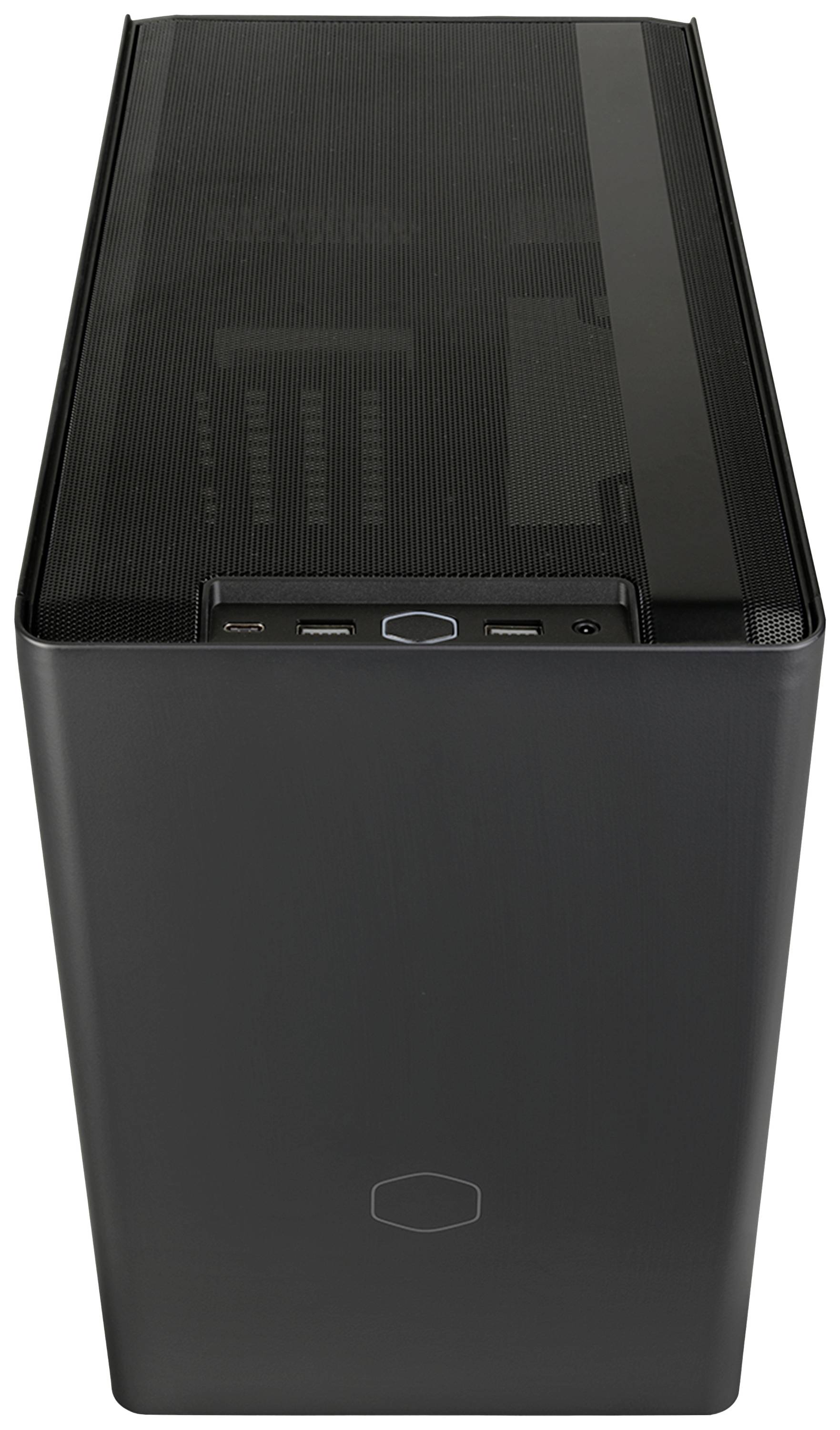 Czarna obudowa komputera o minimalistycznym designie. Na górnej powierzchni znajdują się porty USB oraz przycisk włączania/wyłączania.