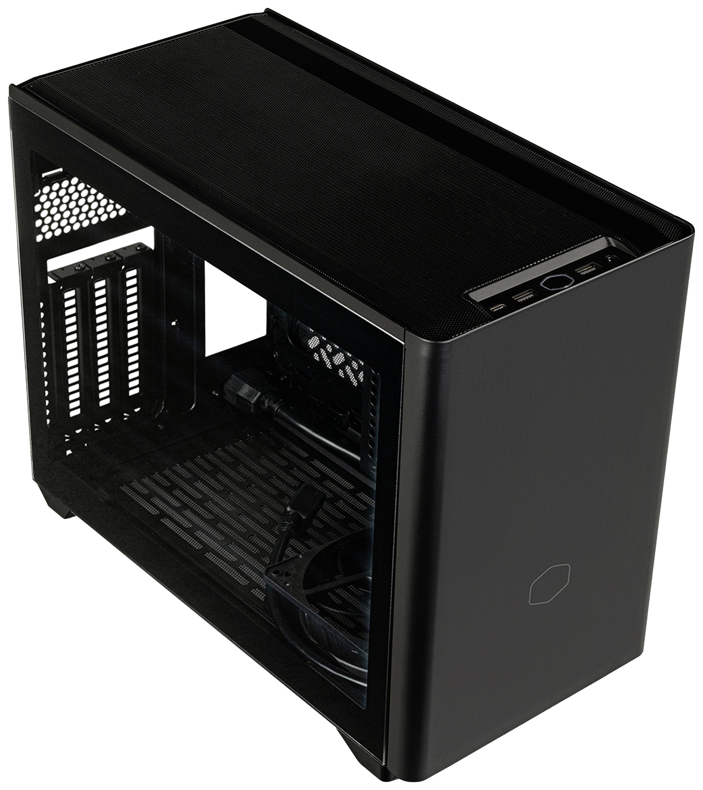 Czarna, pusta obudowa komputera z oknem, bez komponentów. Góra z portami, prostokątny kształt.