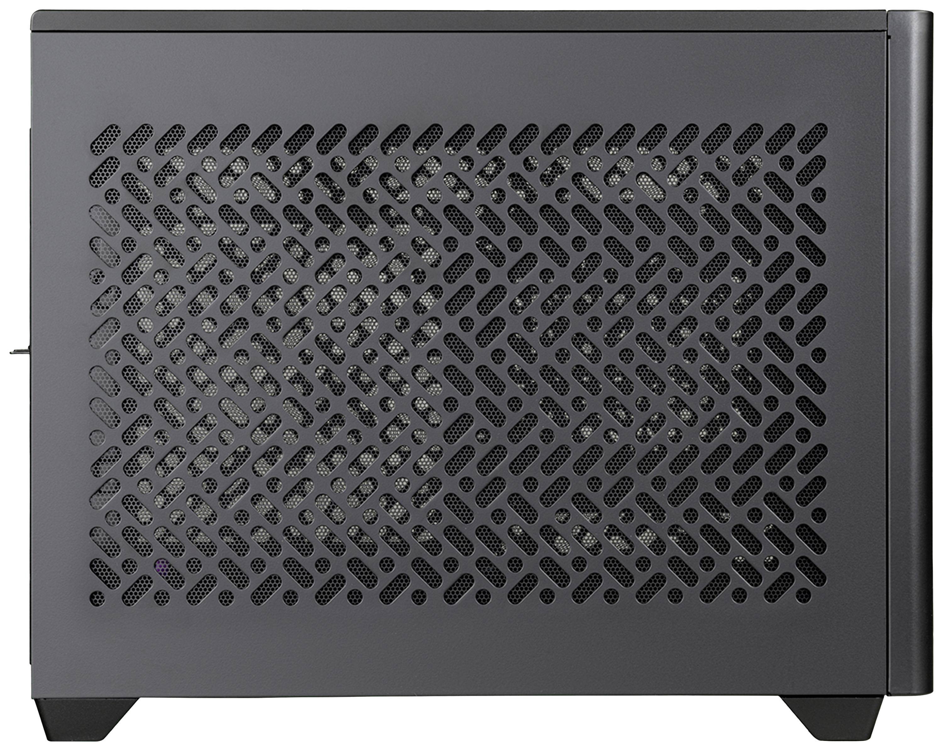 Obudowa komputera z wentylowaną, metalową ścianą boczną, w kolorze czarnym, prostokątna, kompaktowa, odpowiednia do chłodzenia i przystosowana do małych gabarytów.