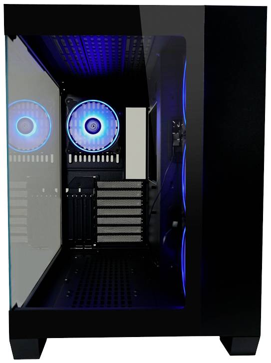 Czarna obudowa komputera z przezroczystą ścianką boczną prezentuje wewnątrz świecące na niebiesko wentylatory.