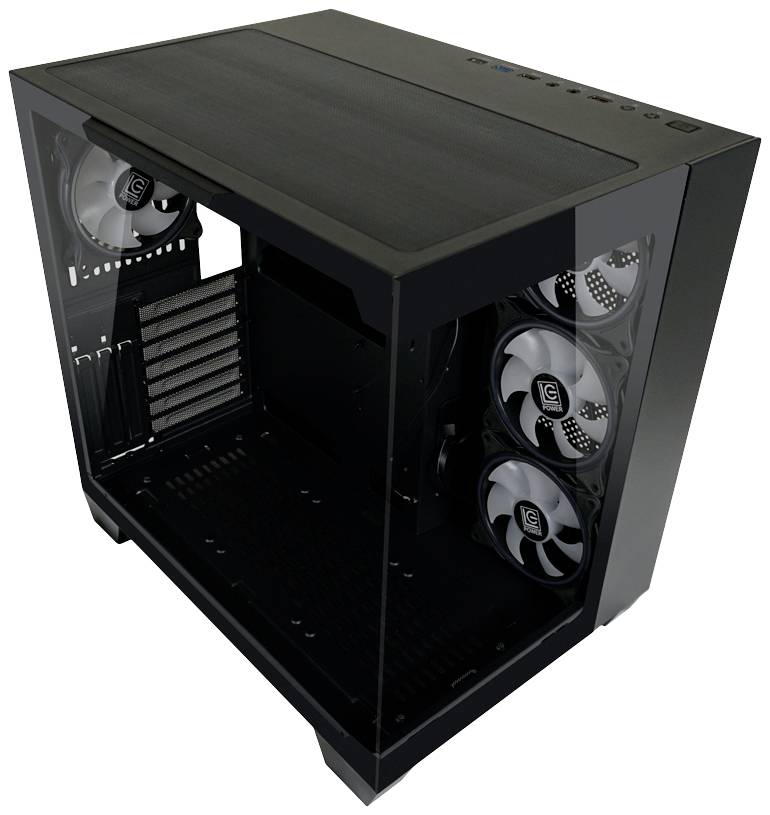 Czarna obudowa komputera z bocznym oknem ze szkła, trzema wentylatorami z przodu oraz kilkoma slotami rozszerzeń z tyłu.