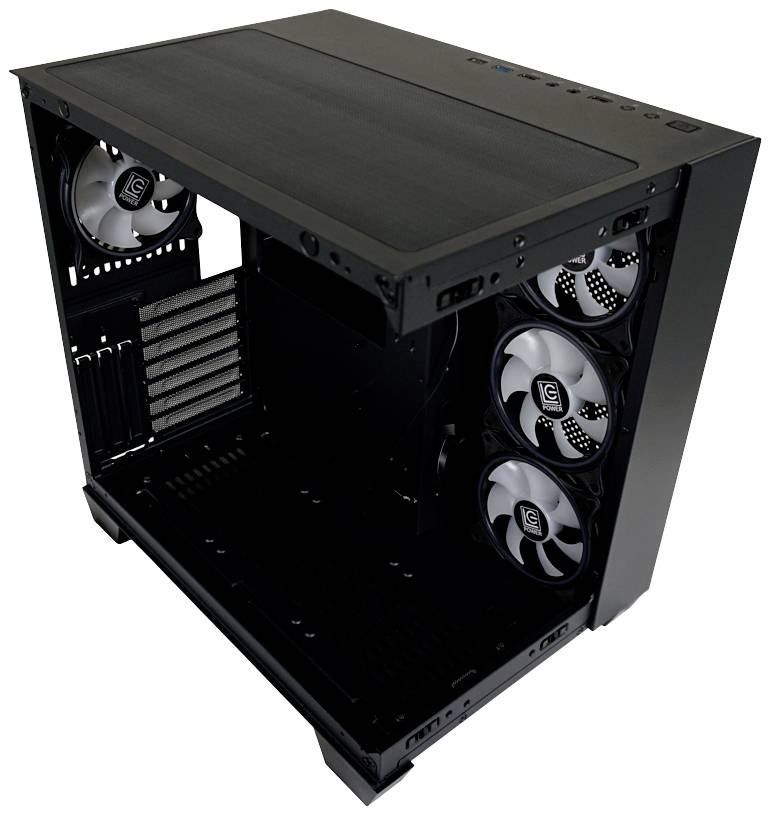 Otwarta obudowa komputerowa z wieloma wentylatorami po bokach. Góra wyposażona w elementy sterujące i złącza. Odpowiednia do samodzielnej budowy komputera.
