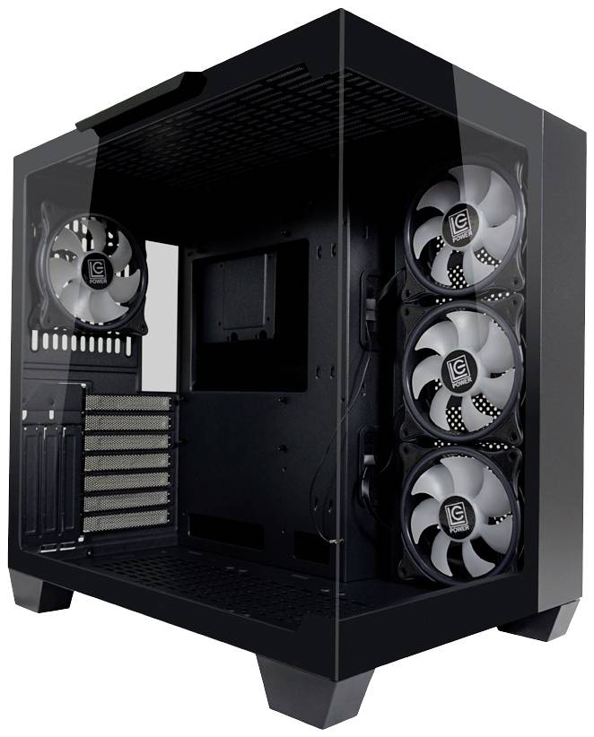 Czarna, pusta obudowa komputera z przezroczystą boczną ścianką, ukazująca wnętrze z czterema zamontowanymi wentylatorami chłodzącymi.