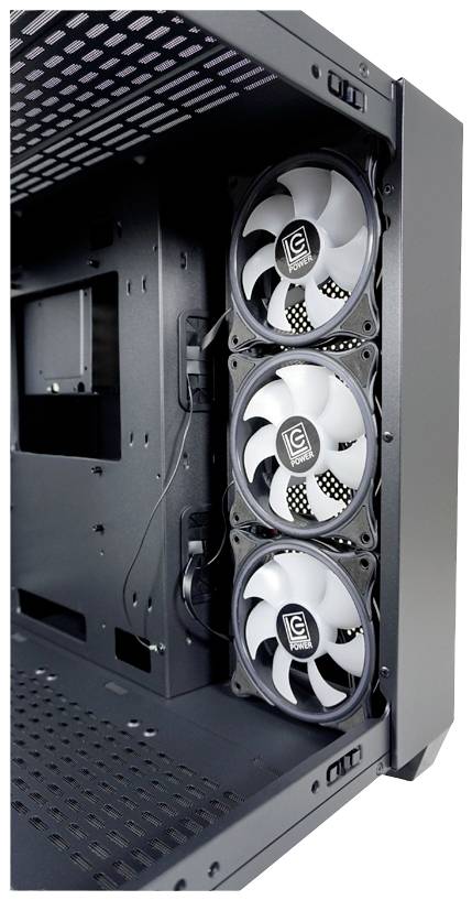 Trzy wentylatory w obudowie komputera zapewniają cyrkulację powietrza i chłodzenie. Są ułożone pionowo jeden nad drugim.