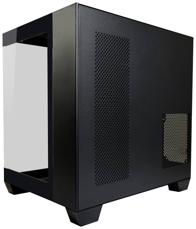 Czarna, prostokątna obudowa komputera z perforowanymi panelami wentylacyjnymi i przezroczystą boczną ścianką, stojąca pionowo.