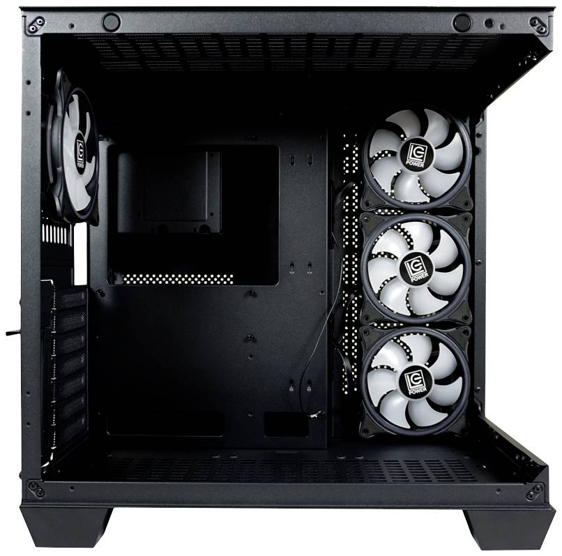 Pusty komputer z czarnymi wentylatorami na tylnej i bocznej ścianie, przygotowany do zamontowania podzespołów komputerowych.