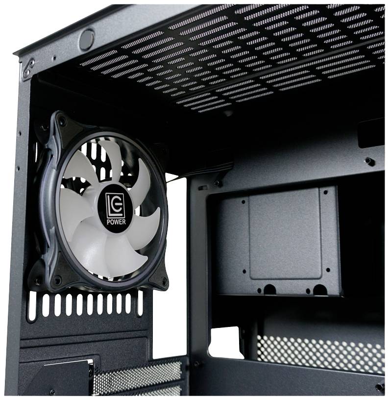 Obudowa komputera z zamontowanym wentylatorem, czarne wnętrze, odpowiednia do chłodzenia i cyrkulacji powietrza w systemach PC.