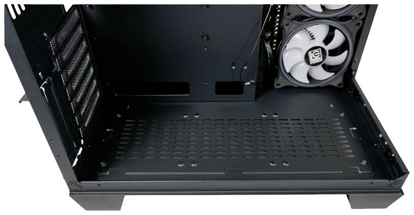 Widok wewnętrzny pustej obudowy komputera z dwoma wbudowanymi wentylatorami z tyłu.