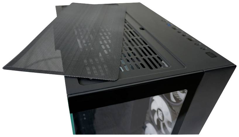 Czarne obudowa komputera z otwartą, zdejmowalną metalową siatką na górnej części, ukazującą otwory wentylacyjne.