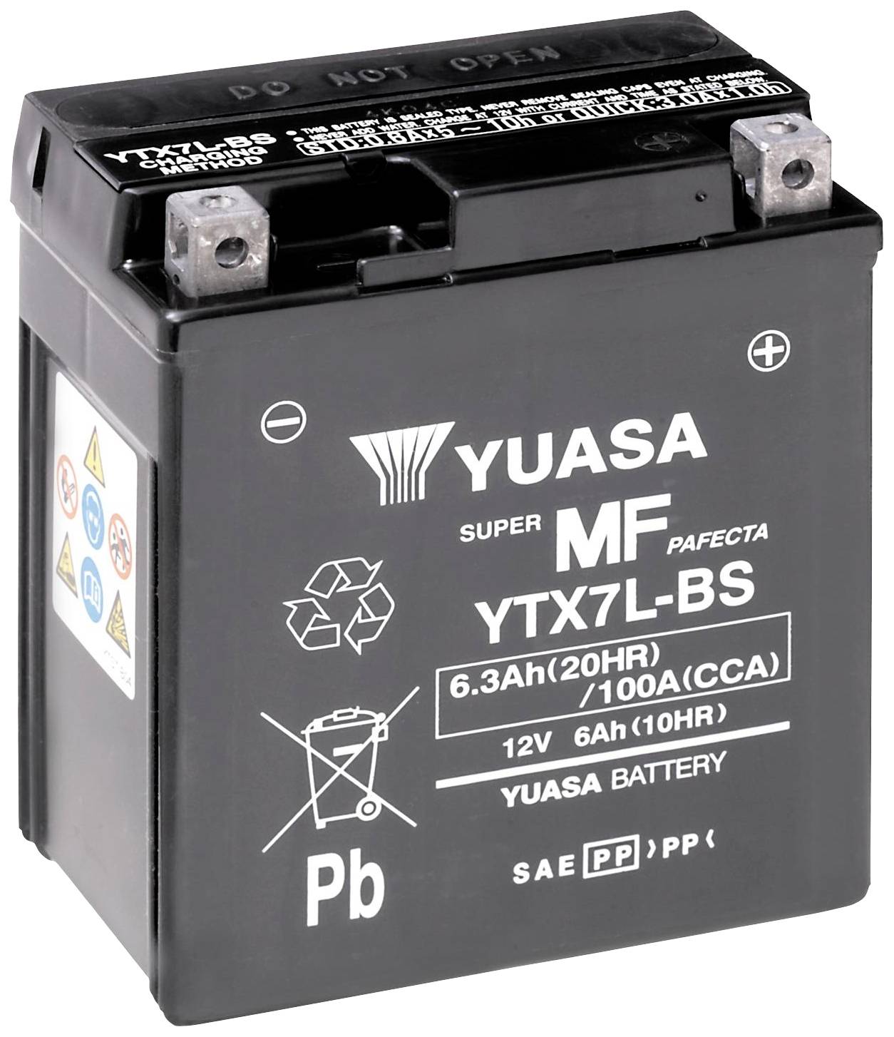 Czarna bateria motocyklowa marki Yuasa, model YTX7L-BS, 12V, 6Ah. Zawiera symbole i informacje dotyczące bezpieczeństwa.