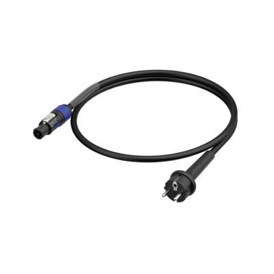 Czarny kabel sieciowy z wtyczką Schuko po jednej stronie i niebieskim wtykiem SpeakON po drugiej stronie.