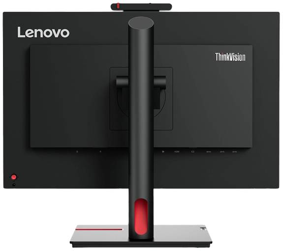 Monitor Lenovo ThinkVision widziany od tyłu. Jest czarny ze stabilną podstawą i widoczną nazwą marki w lewym górnym rogu.