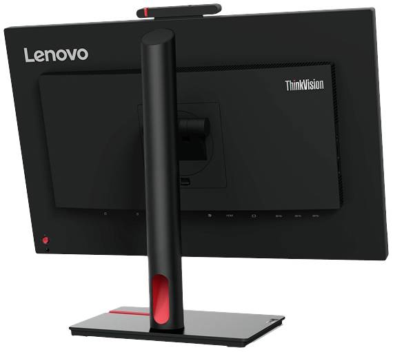 Czarny monitor Lenovo ThinkVision widziany od tyłu, z charakterystyczną podstawą i kamerą umieszczoną na górze. Nazwa marki widoczna.