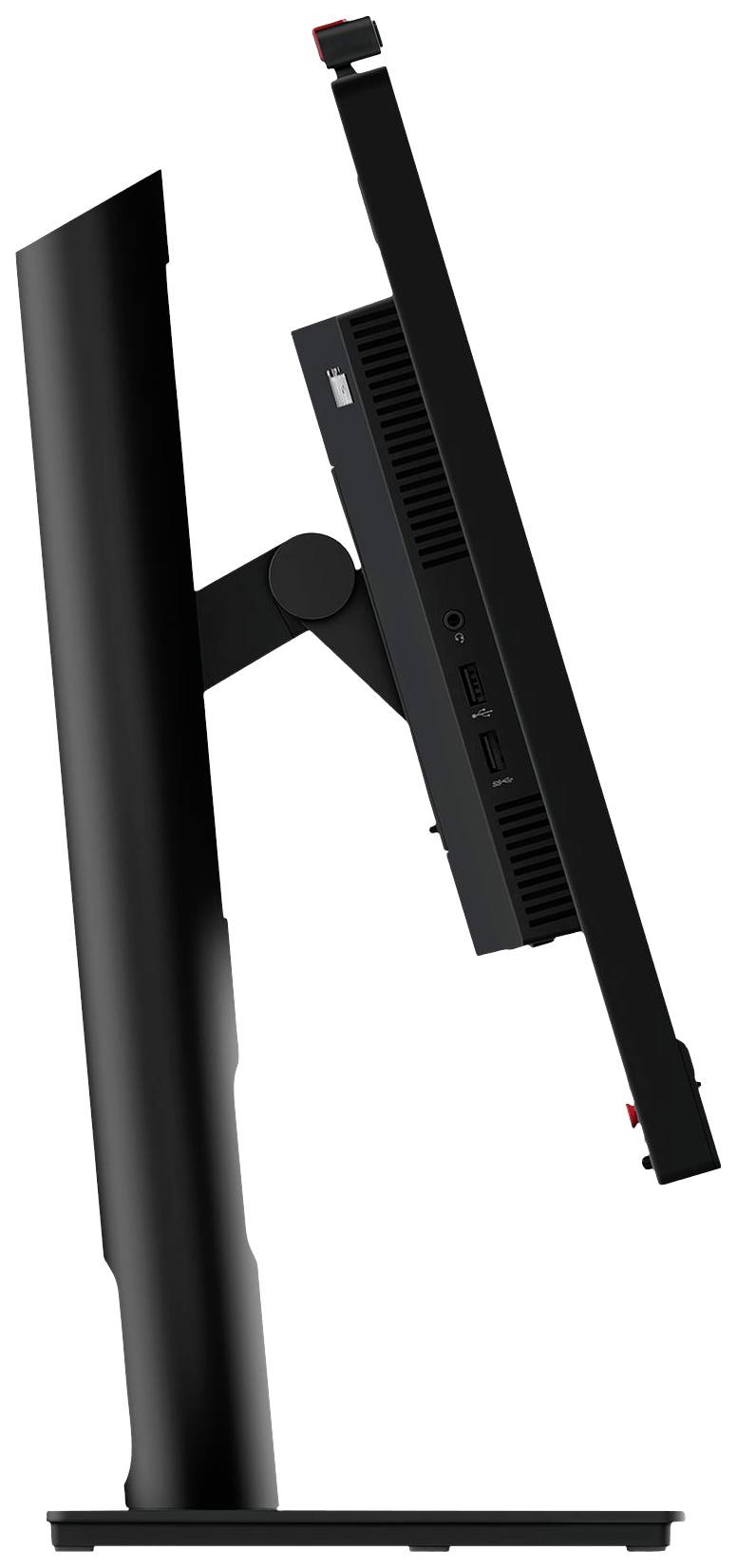 Czarny monitor komputerowy widziany z boku, prezentuje możliwość regulacji wysokości dzięki obrotowemu przegubowi.