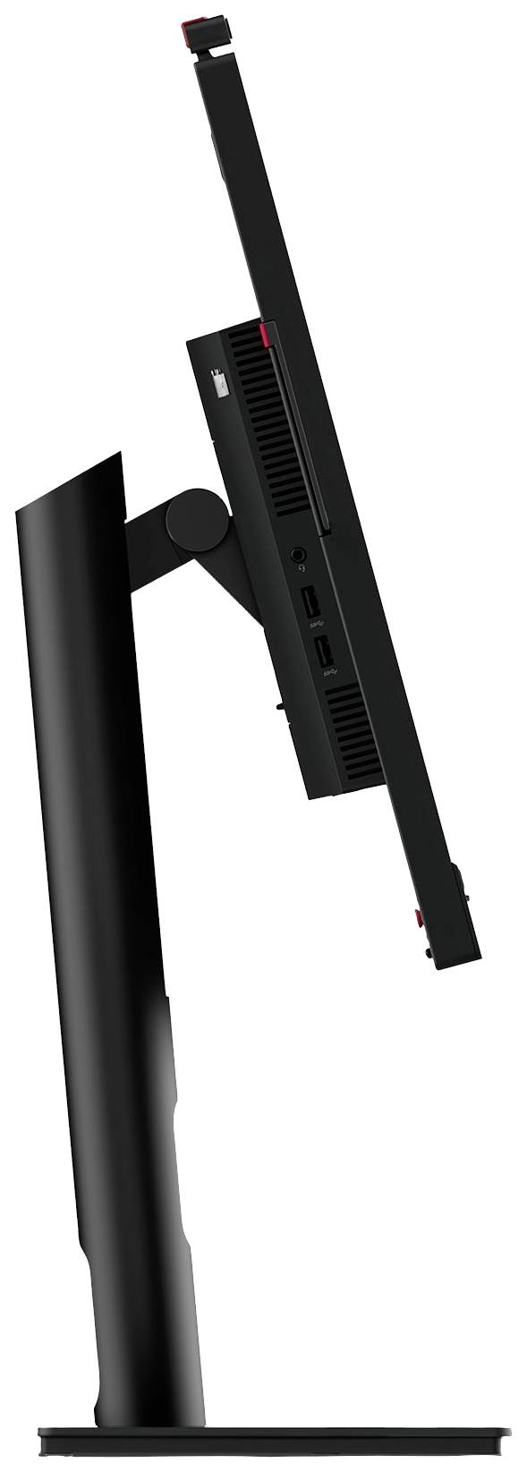 Widok boczny czarnego monitora komputerowego na regulowanym statywie, ekran jest pochylony do góry.