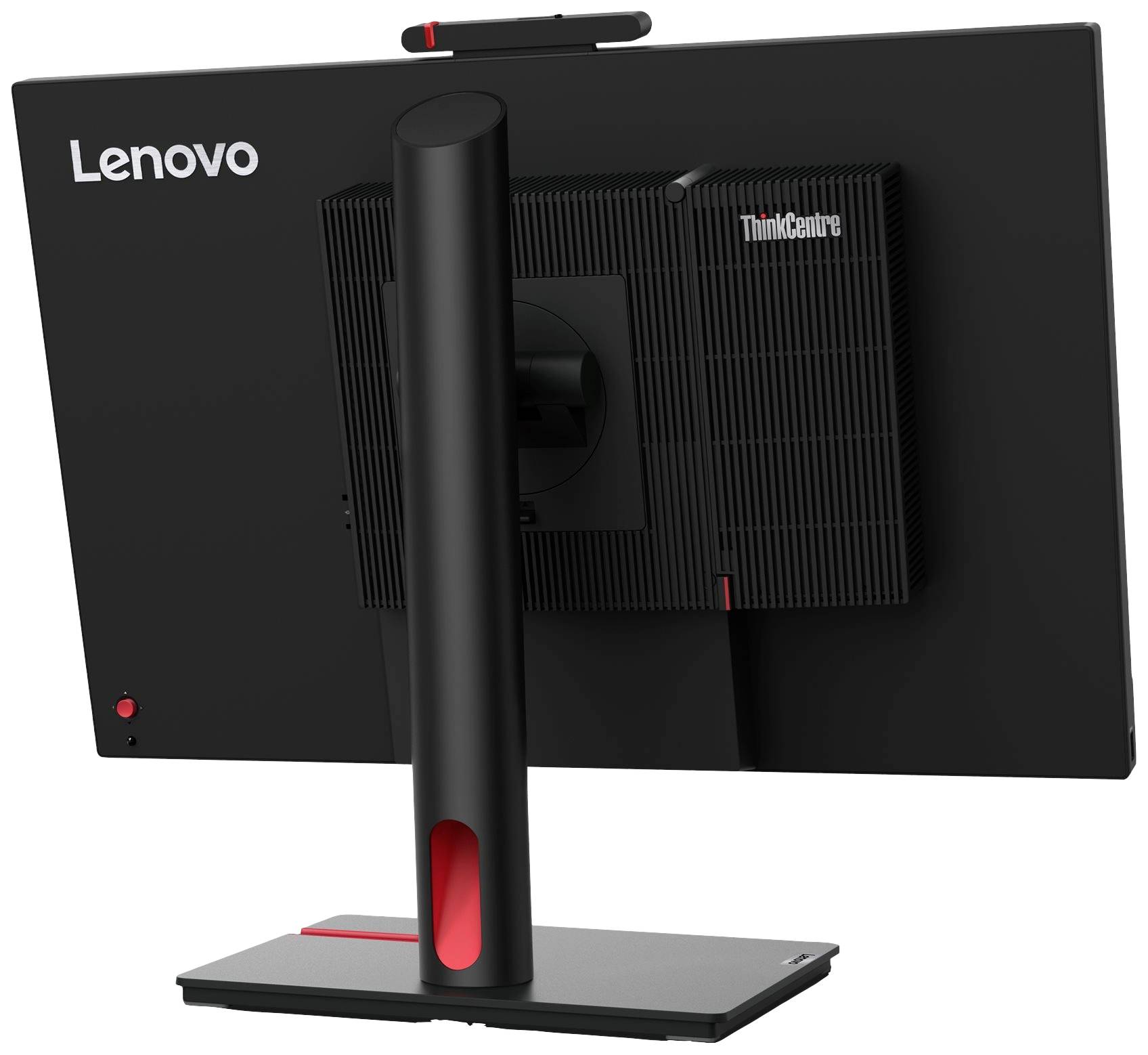 Monitor Lenovo ThinkCentre widziany od tyłu, zamocowany na czarnej podstawce, z widocznym logo marki.