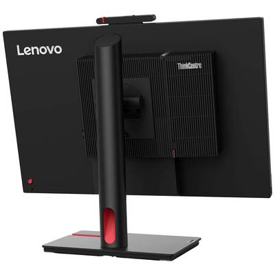 Monitor Lenovo ThinkCentre widziany od tyłu, zamocowany na czarnej podstawce, z widocznym logo marki.