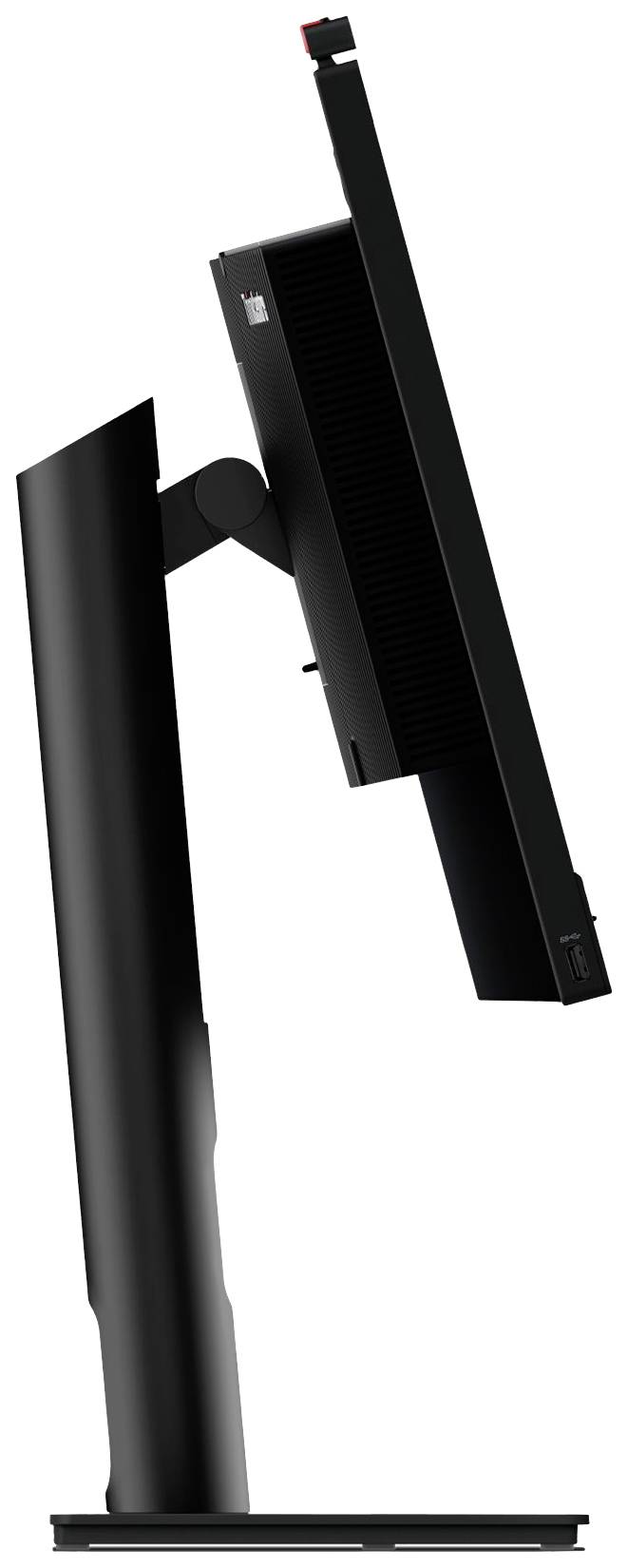 Czarny monitor sfotografowany z boku jest ustawiony pionowo, wyraźnie prezentując smukły ekran i regulowaną podstawę.