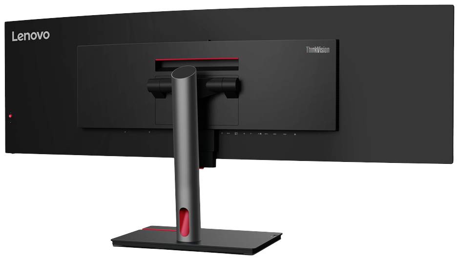 Ultraszeroki monitor Lenovo w kolorze czarnym, widziany od tyłu z regulowaną podstawą. Idealny do biurowego lub gamingowego stanowiska.