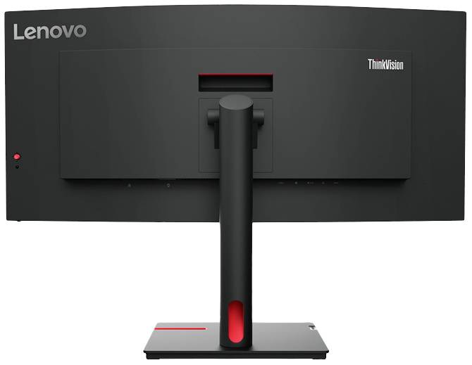 Czarny monitor Lenovo ThinkVision widziany od tyłu, umieszczony na podstawce, z widocznym mocowaniem i logo firmy w lewym górnym rogu.