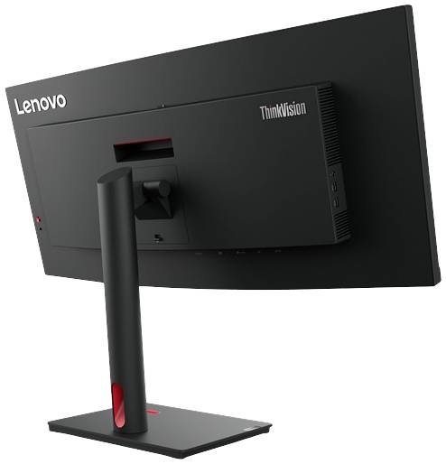 Widok z tyłu czarnego monitora Lenovo ThinkVision z czerwonym akcentem na podstawie. Ekran jest lekko pochylony w lewą stronę.