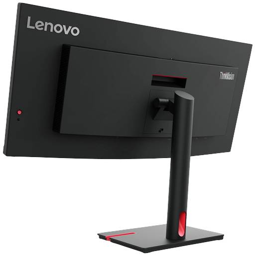Widok z tyłu monitora Lenovo ThinkVision, czarnego z czerwonym akcentem. Monitor jest zamontowany na prostokątnej podstawie.