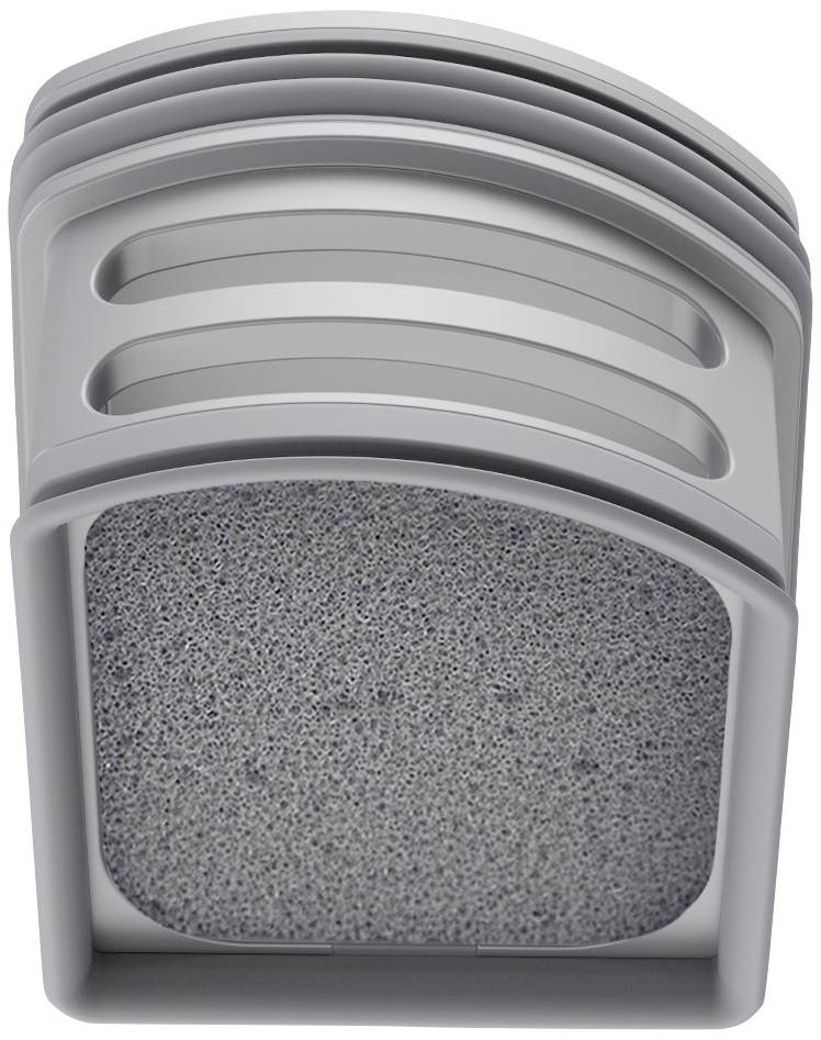 Stos szarych, prostokątnych pojemników z otwartymi pokrywkami, wypełnionych porowatym, szarym materiałem.