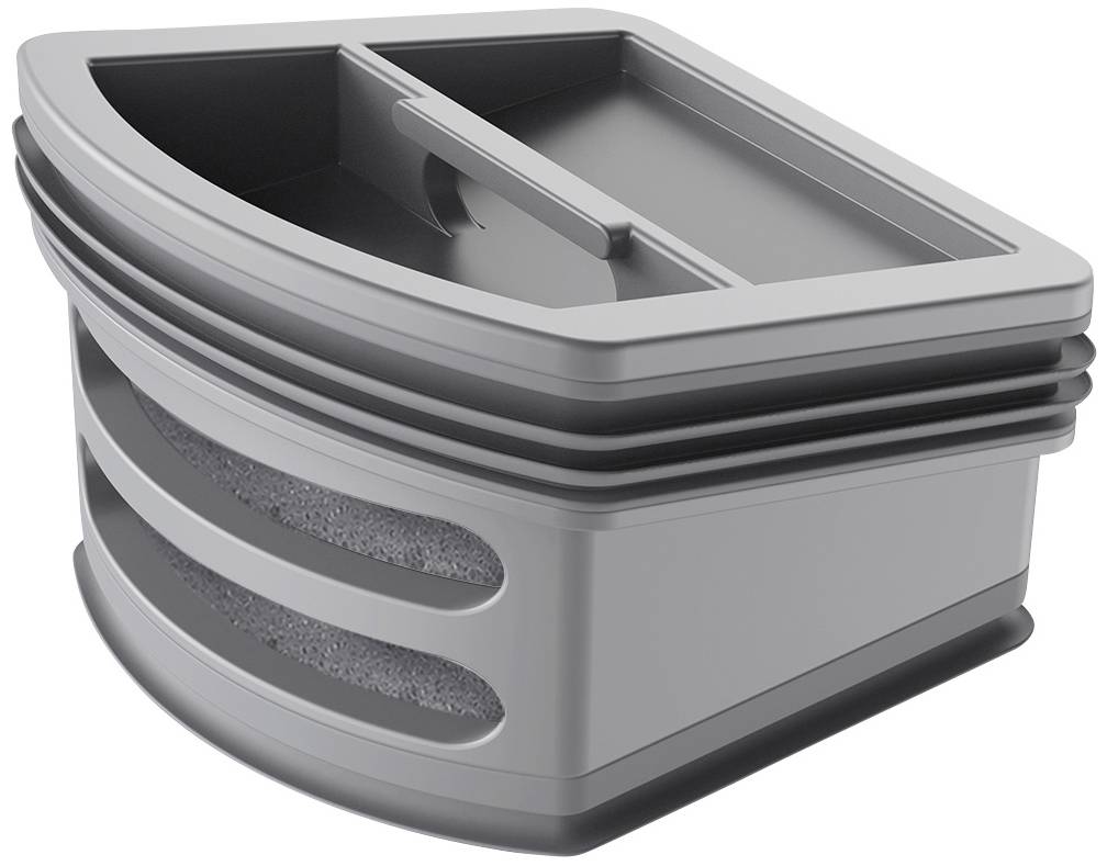 Szary, prostokątny pojemnik osuszacza, ułożony w stos, z zaokrąglonymi narożnikami i otworami wentylacyjnymi po bokach.