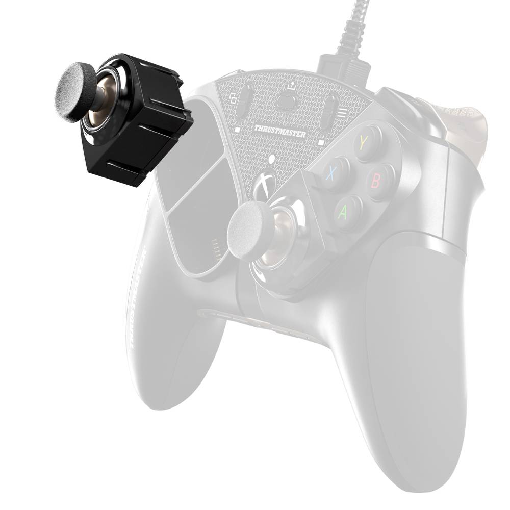 Czarny kontroler do gier z różnymi przyciskami. Na pierwszym planie unosi się podświetlony, zdejmowany nakładka na joystick.