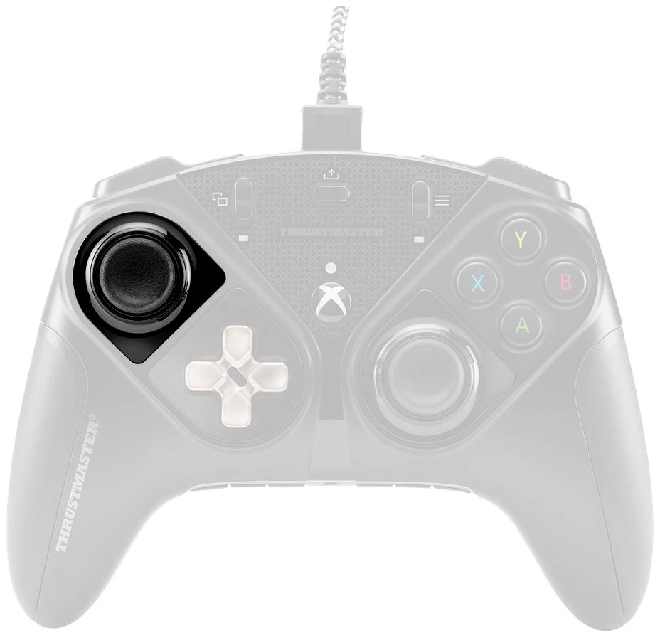 Czarny kontroler do gier z wieloma przyciskami i krzyżakiem, podłączony kablem u góry.