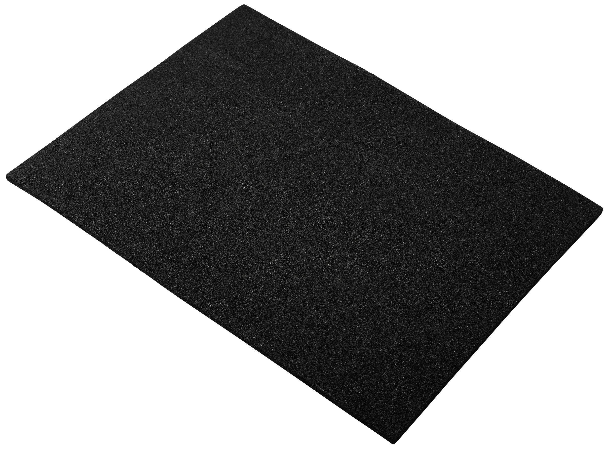 Czarna, prostokątna mata antyzmęczeniowa, sfotografowana pod skosem z góry. Zapewnia komfort i wsparcie podczas stania.