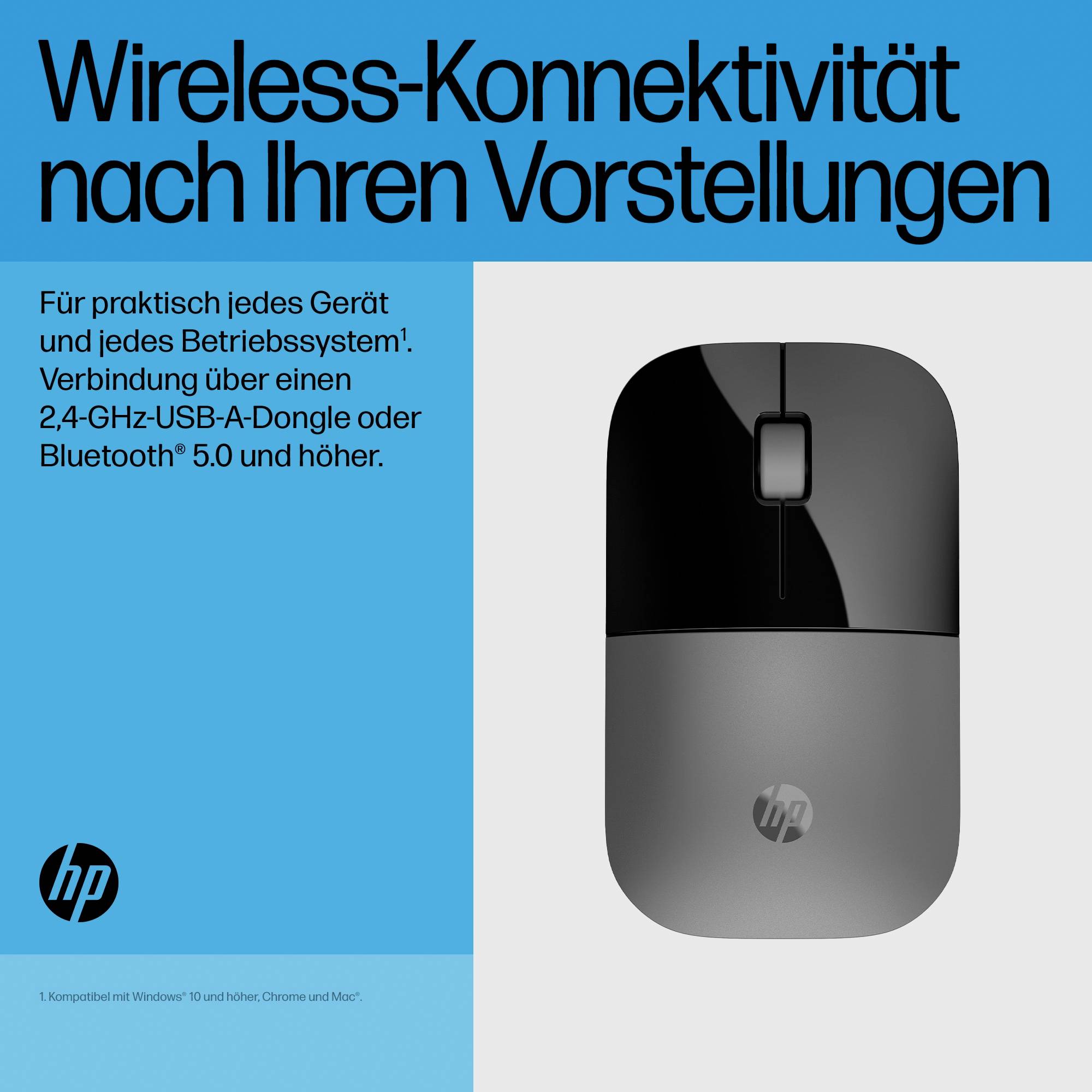 Mysz WLAN na szarym tle z tekstem: 'Łączność bezprzewodowa zgodnie z Twoimi wymaganiami. Połączenie przez złącze USB-A 2,4 GHz lub Bluetooth.'