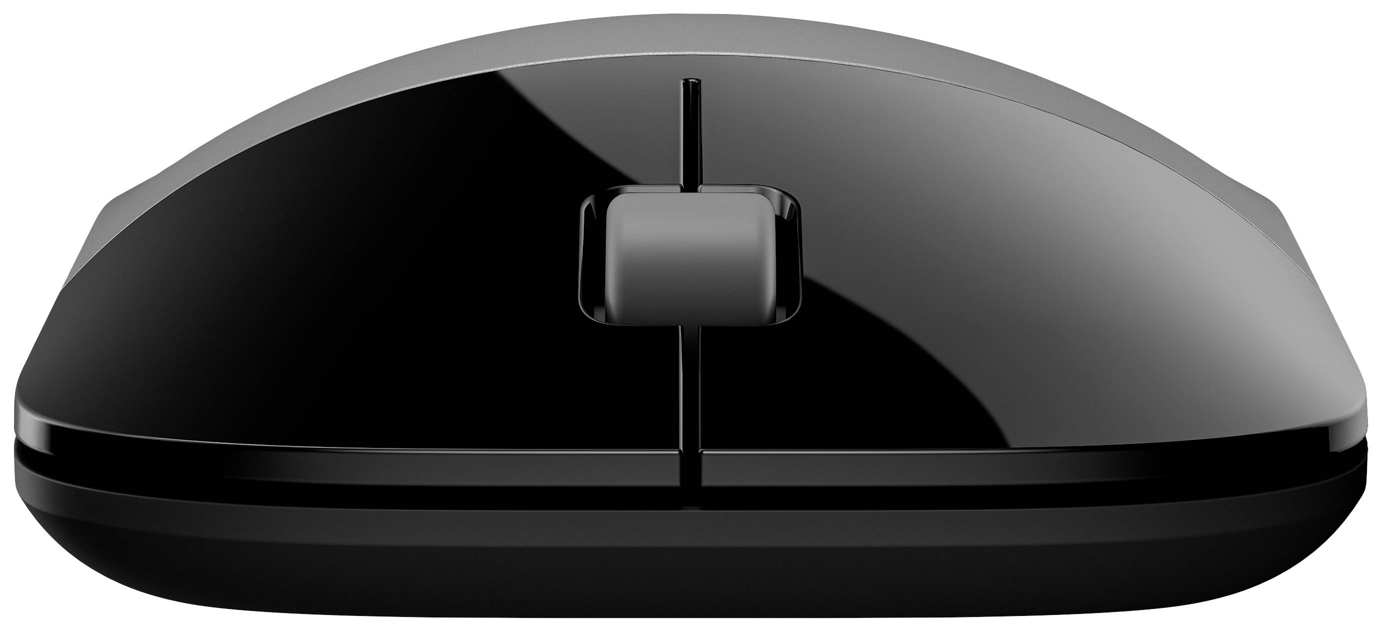 Czarna, bezprzewodowa mysz komputerowa z dwoma przyciskami i rolką przewijania, widok z przodu.
