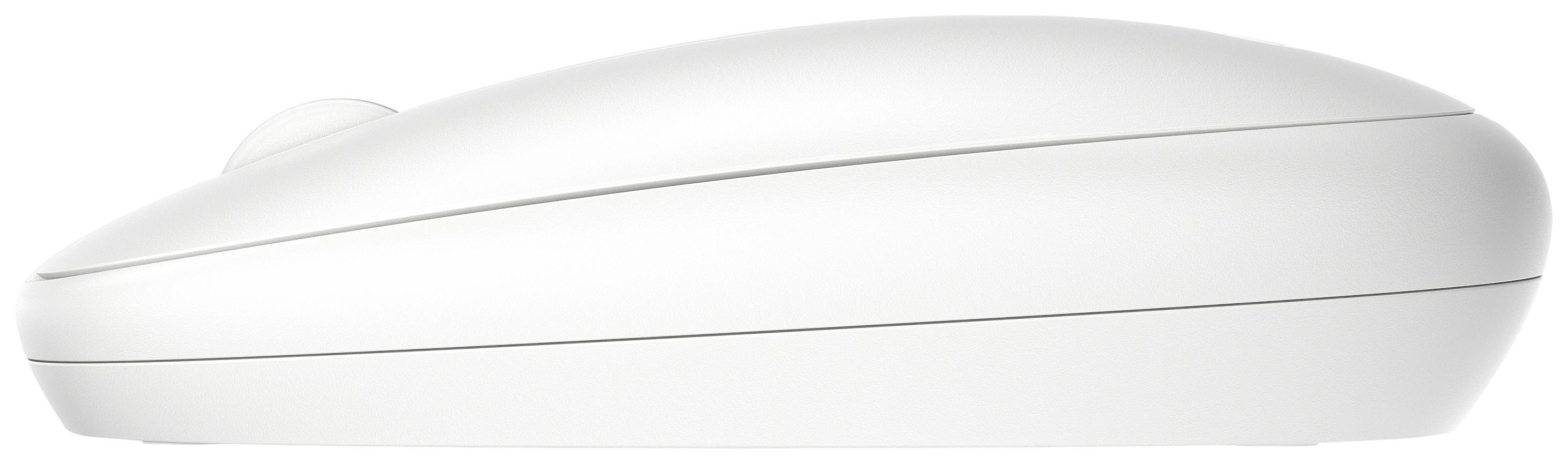 Widok z boku białej myszy komputerowej o gładkiej powierzchni i minimalistycznym designie.