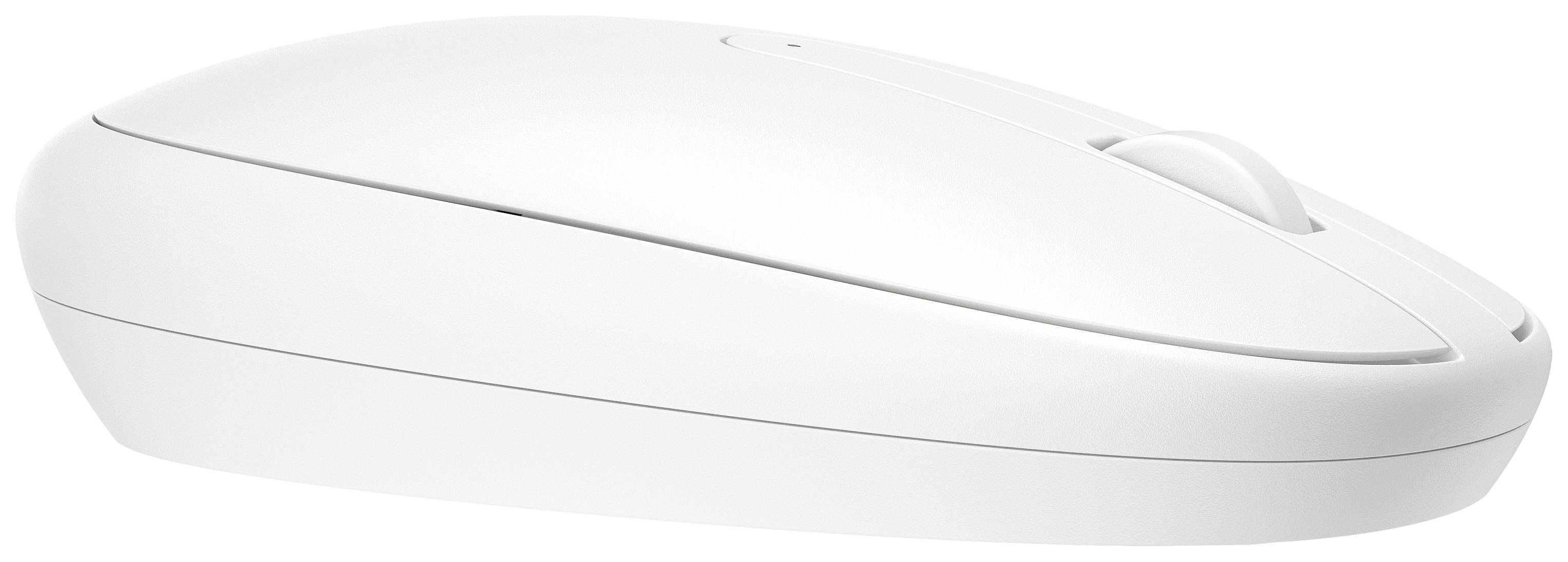 Biała, bezprzewodowa mysz komputerowa o ergonomicznym kształcie, sfotografowana z boku.