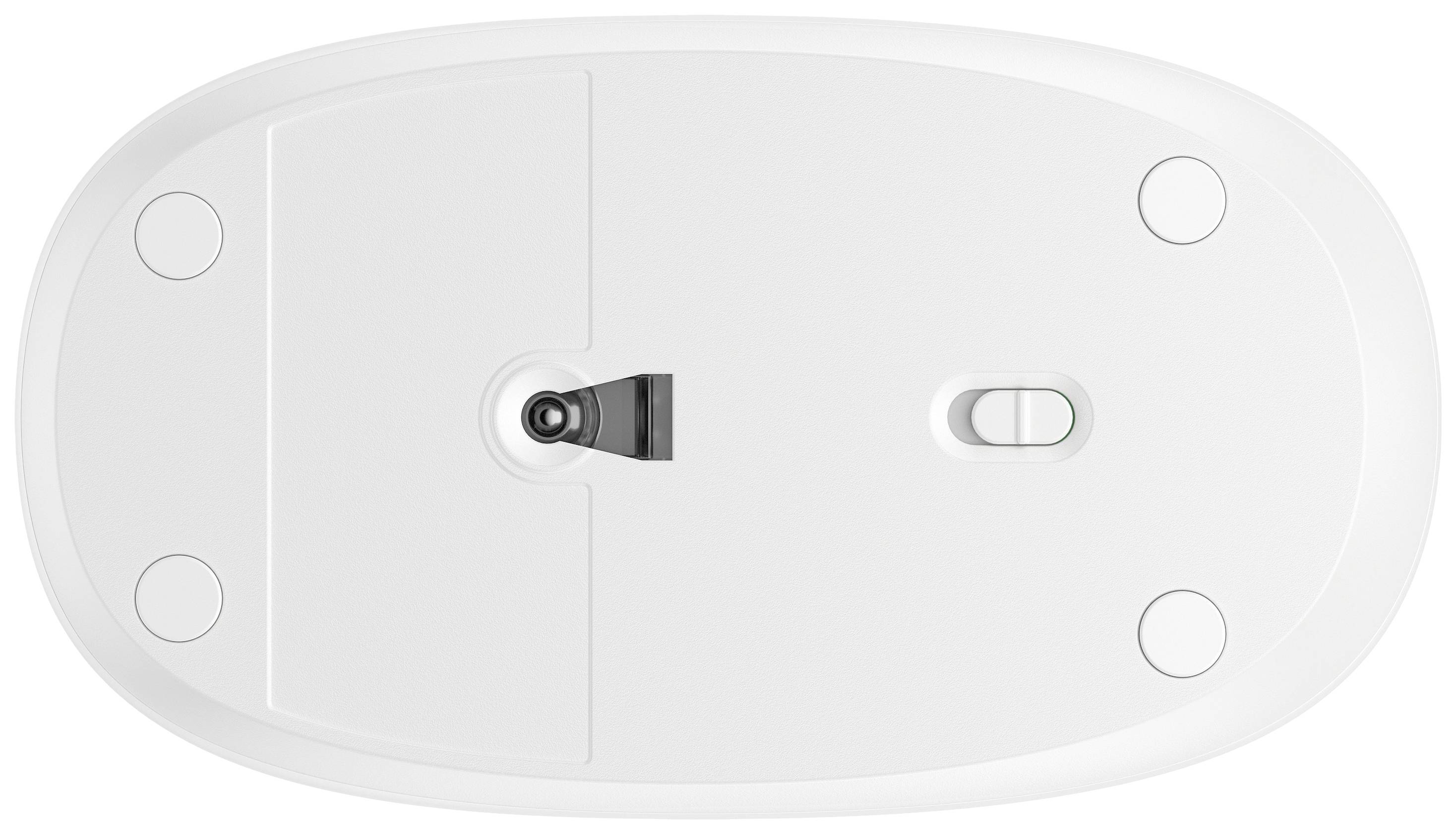 Spód białej komputerowej myszy z widocznym przełącznikiem włączania i wyłączania oraz czujnikiem optycznym pośrodku.