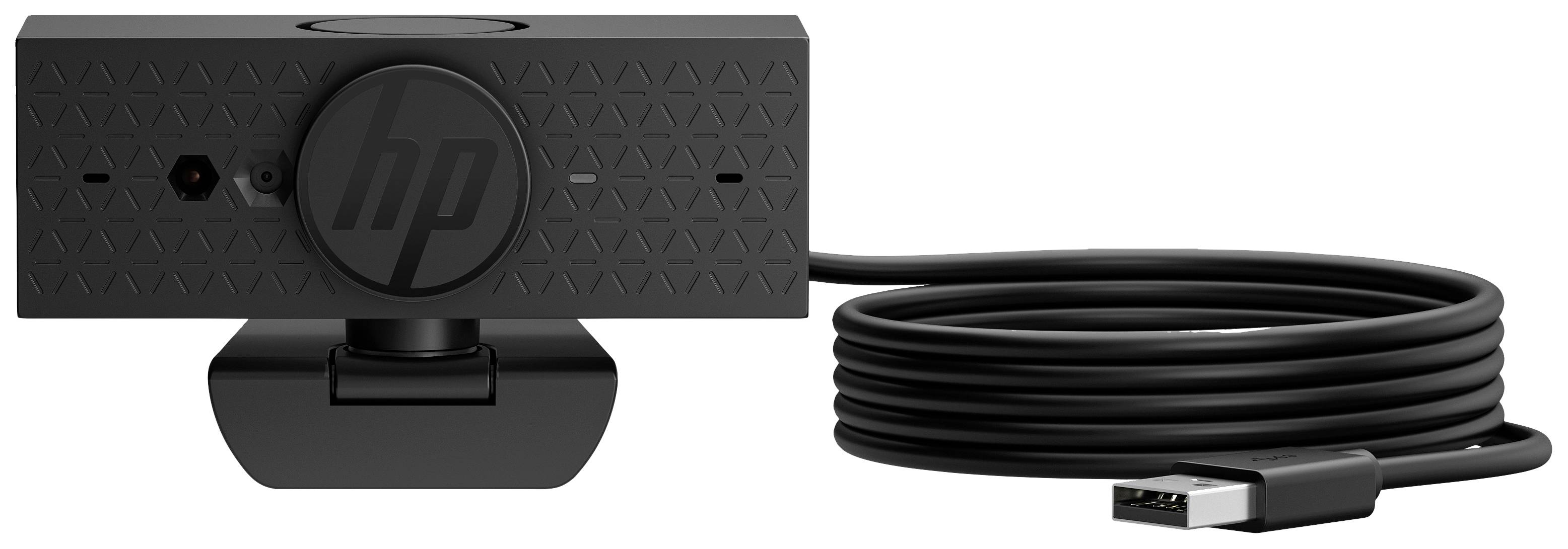 Czarna kamera internetowa widziana z przodu z logo HP pośrodku, obok niej kabel z wtyką USB.