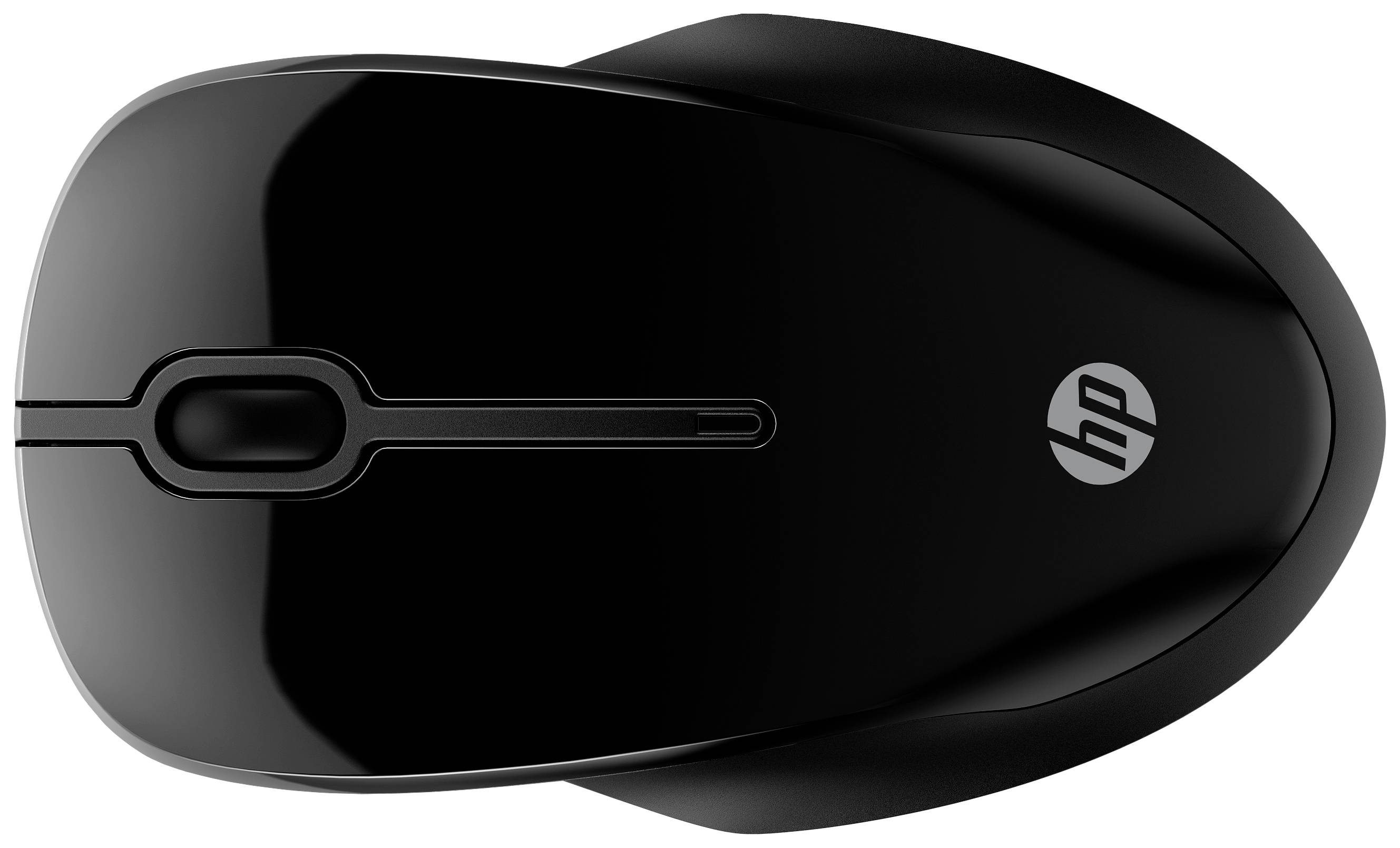 Czarna bezprzewodowa mysz HP z błyszczącą powierzchnią i logo, widziana z góry. Projekt produktu do nowoczesnych stanowisk komputerowych.