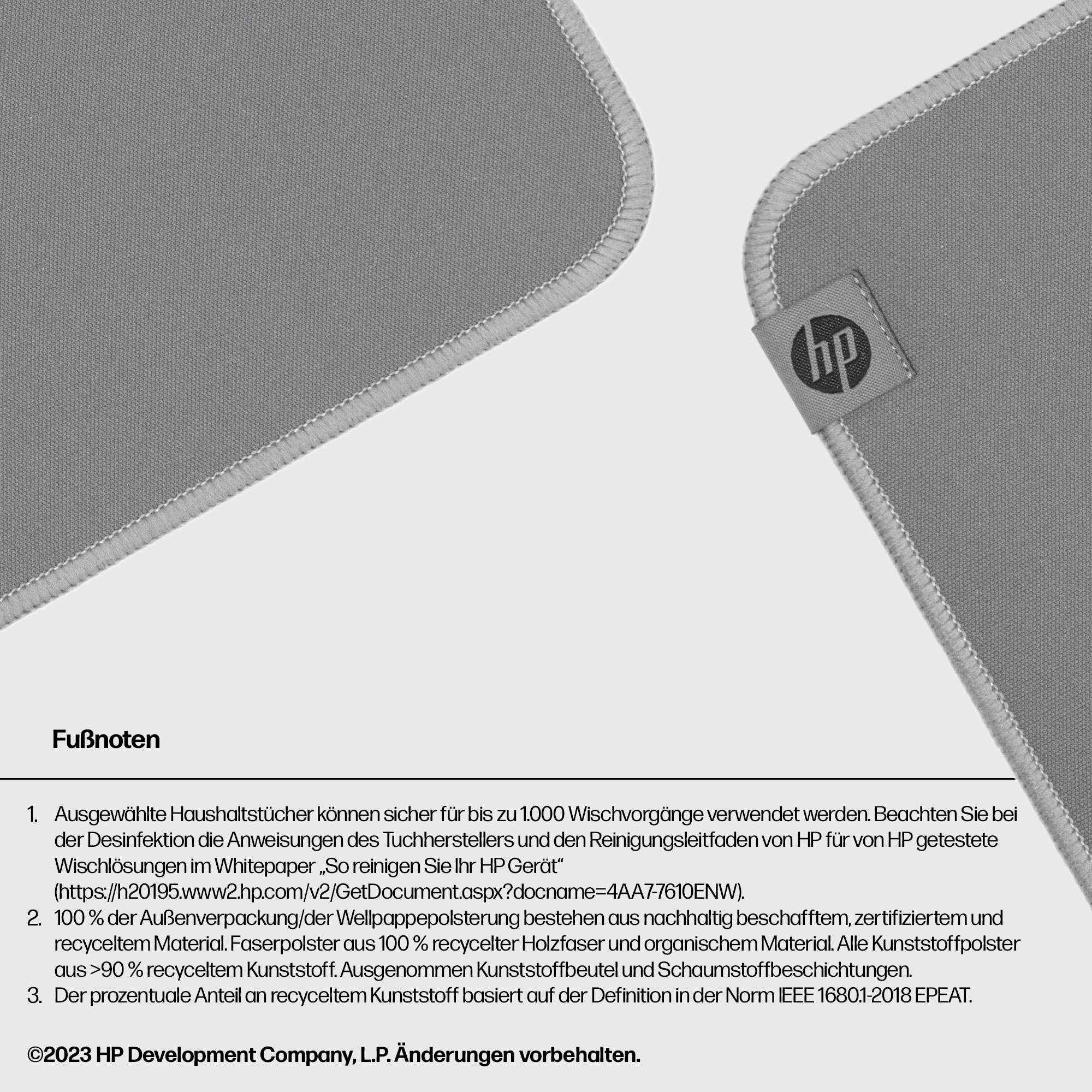 Szary ręcznik HP z etykietą leżący na białej powierzchni. Poniżej tekst dotyczący cykli prania i przyjazności środowisku.