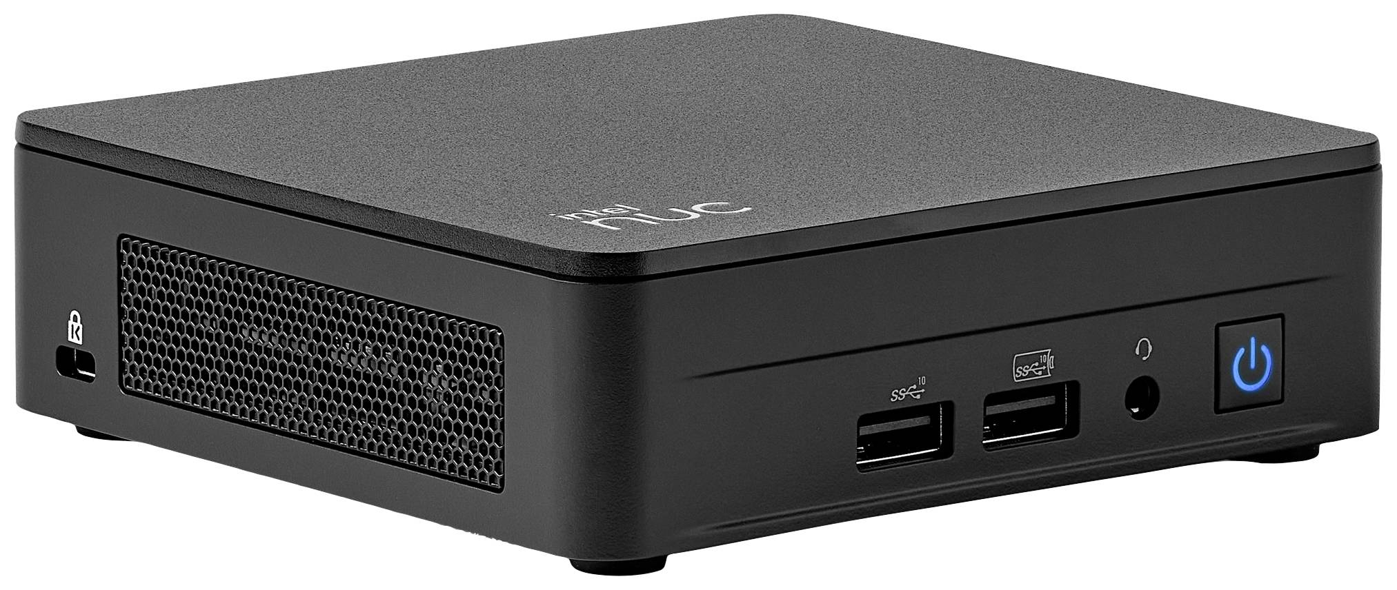 Mały, czarny mini komputer z kratką wentylacyjną z boku oraz dwoma portami USB i gniazdem audio z przodu.
